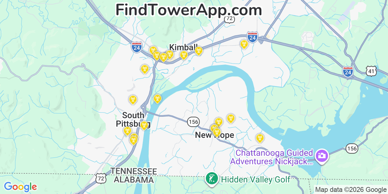 Map showing the 20 primary cell tower locations detected in New Hope, Tennessee from AT&T, Verizon, and T-Mobile networks