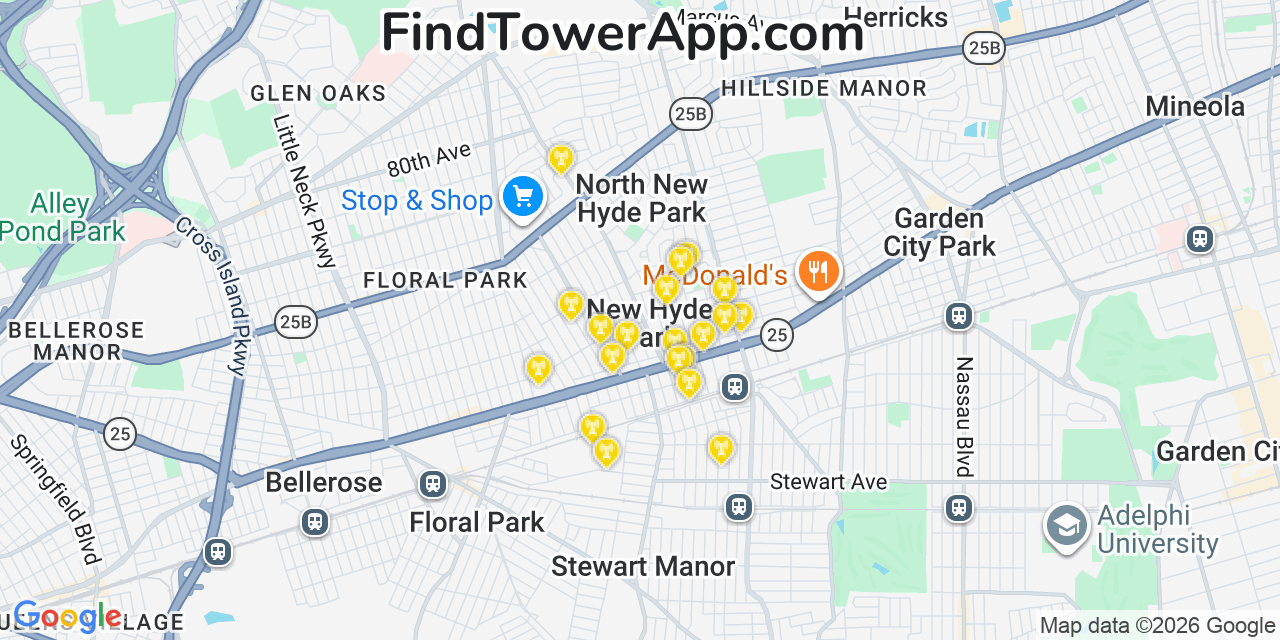 Map showing the 20 primary cell tower locations detected in New Hyde Park, New York from AT&T, Verizon, and T-Mobile networks