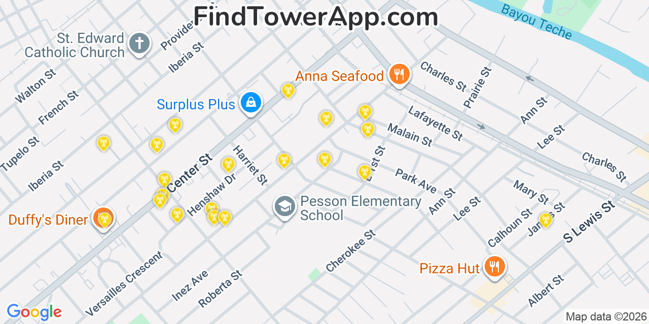 Map showing the 20 primary cell tower locations detected in New Iberia, Louisiana from AT&T, Verizon, and T-Mobile networks