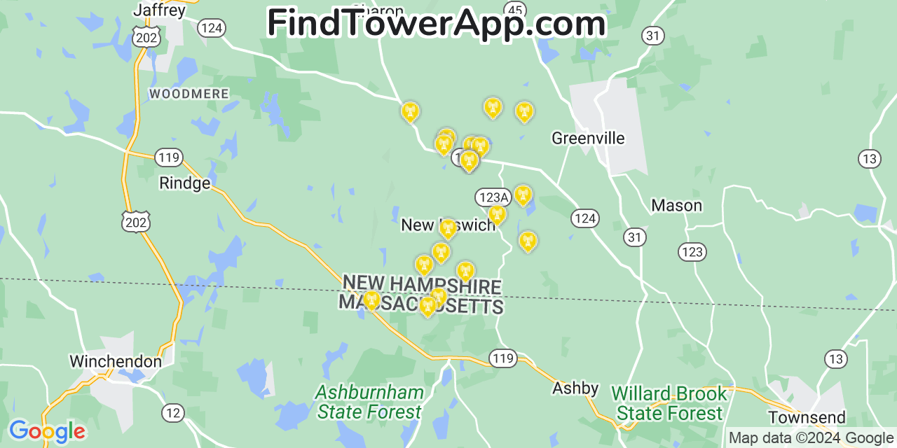 AT&T 4G/5G cell tower coverage map New Ipswich, New Hampshire