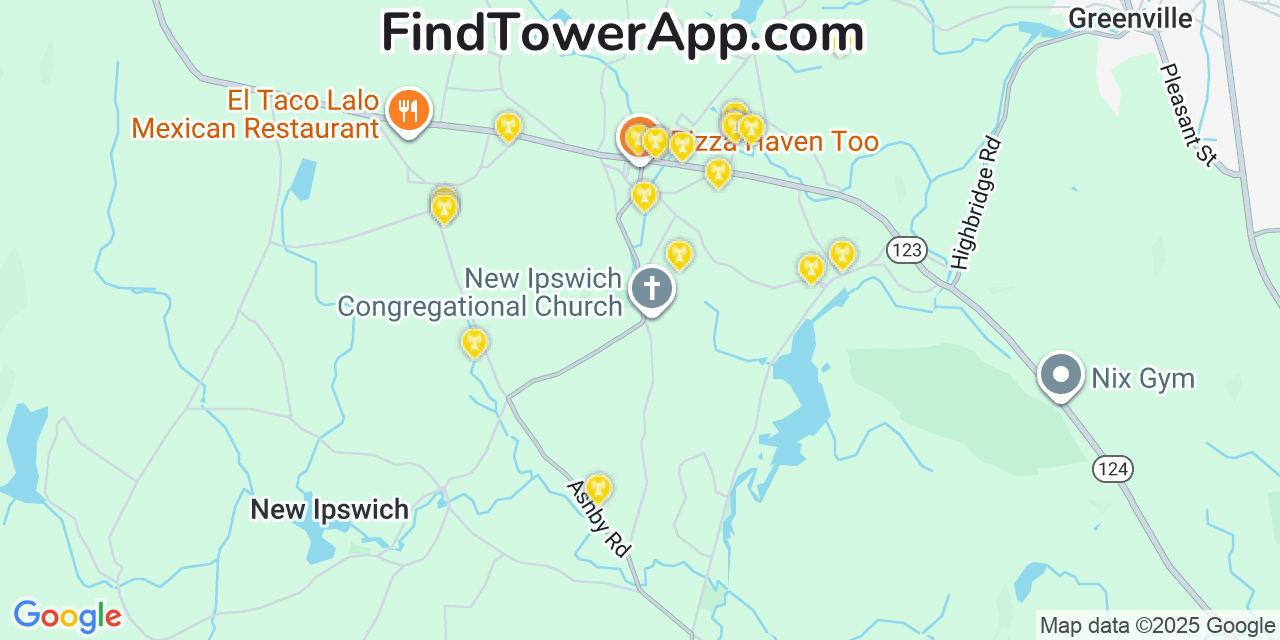 Map showing the 20 primary cell tower locations detected in New Ipswich, New Hampshire from AT&T, Verizon, and T-Mobile networks