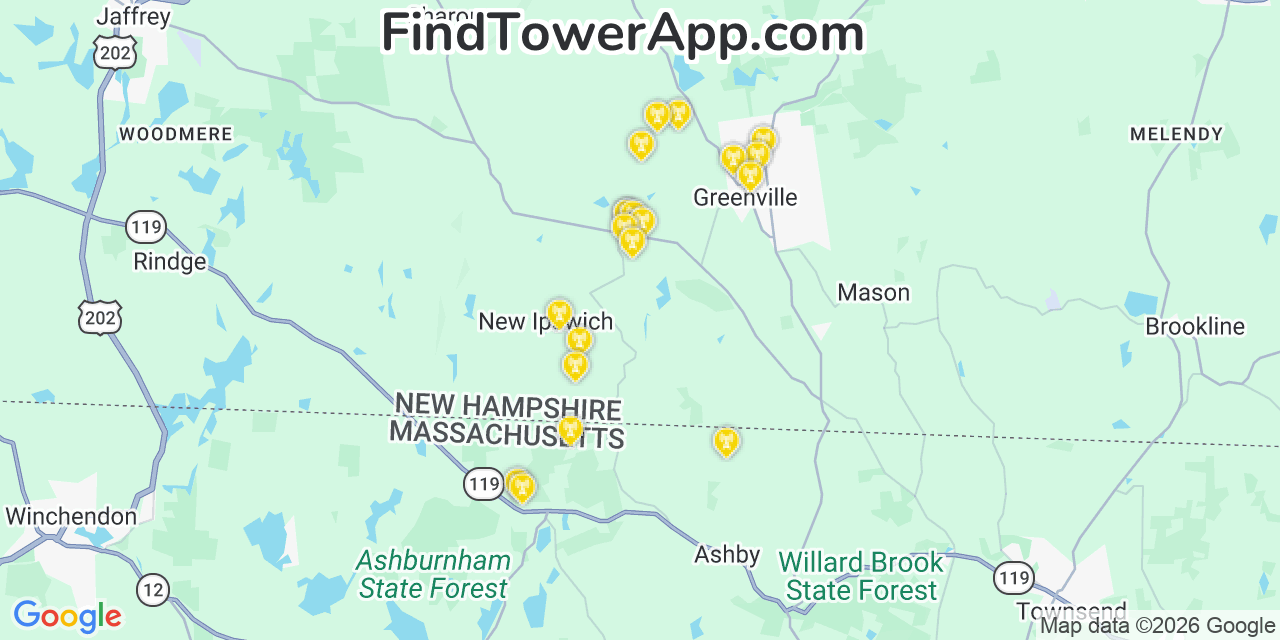 Map showing the 20 primary cell tower locations detected in New Ipswich, New Hampshire from AT&T, Verizon, and T-Mobile networks