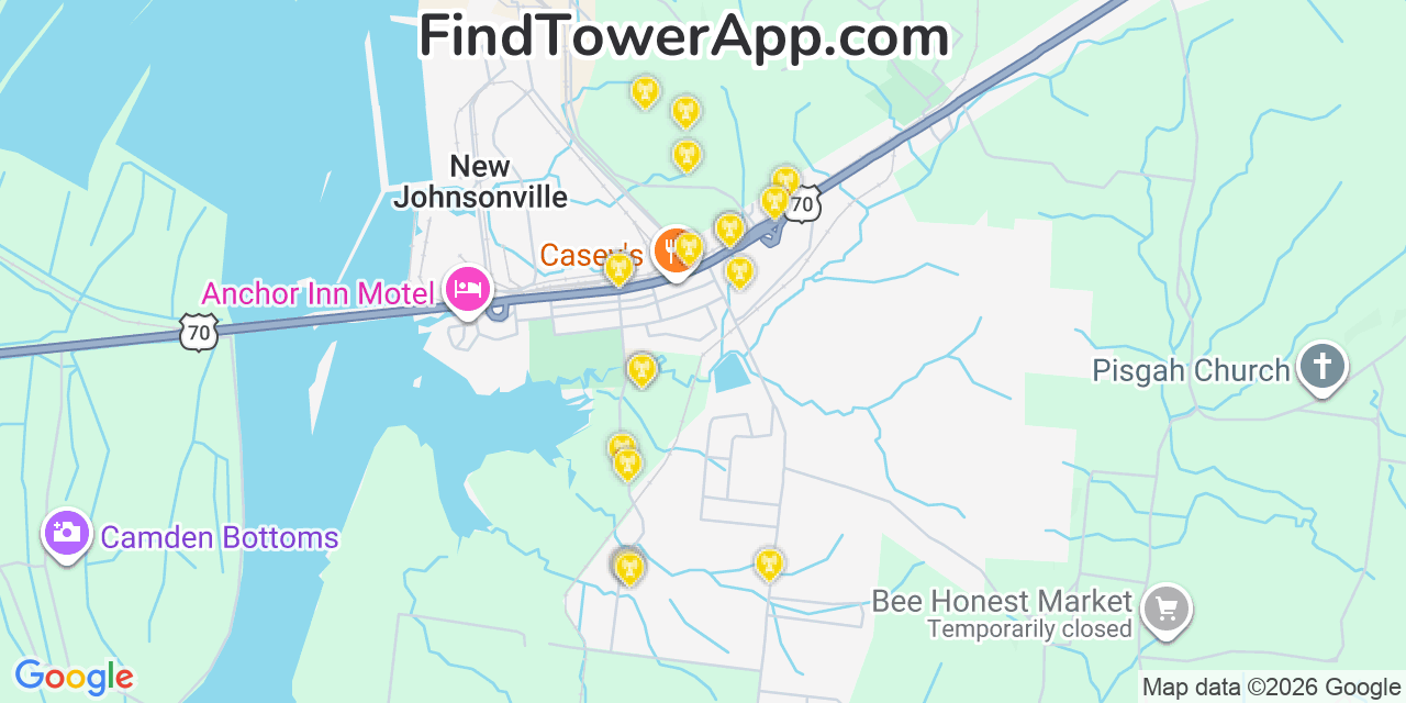 Map showing the 20 primary cell tower locations detected in New Johnsonville, Tennessee from AT&T, Verizon, and T-Mobile networks