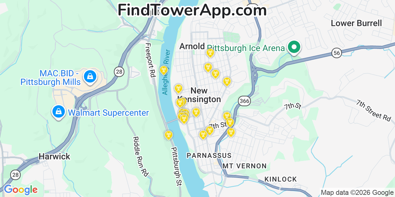 Map showing the 20 primary cell tower locations detected in New Kensington, Pennsylvania from AT&T, Verizon, and T-Mobile networks