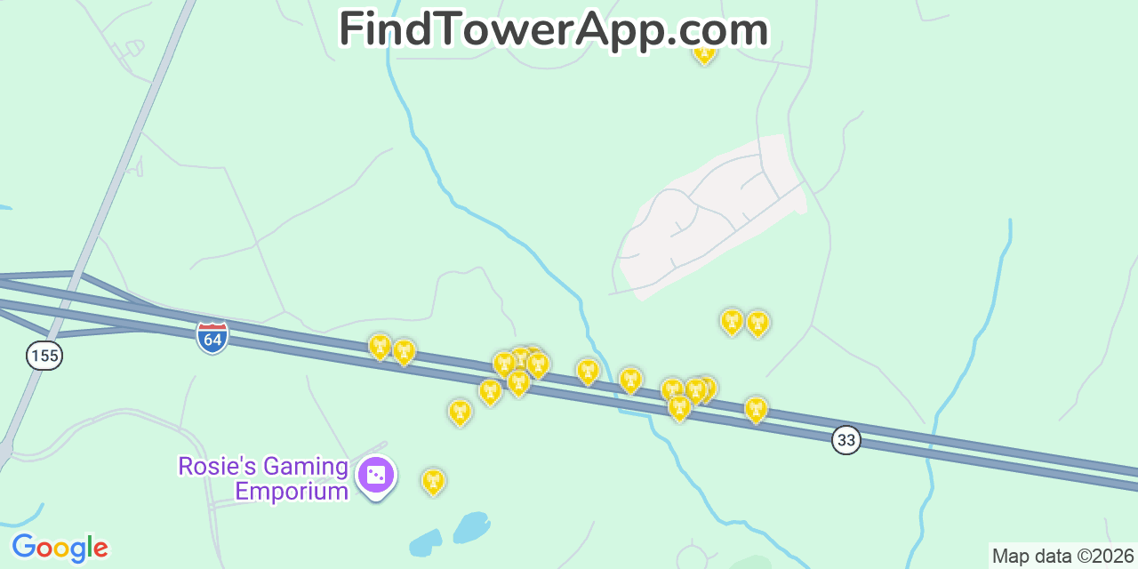 Map showing the 20 primary cell tower locations detected in New Kent, Virginia from AT&T, Verizon, and T-Mobile networks