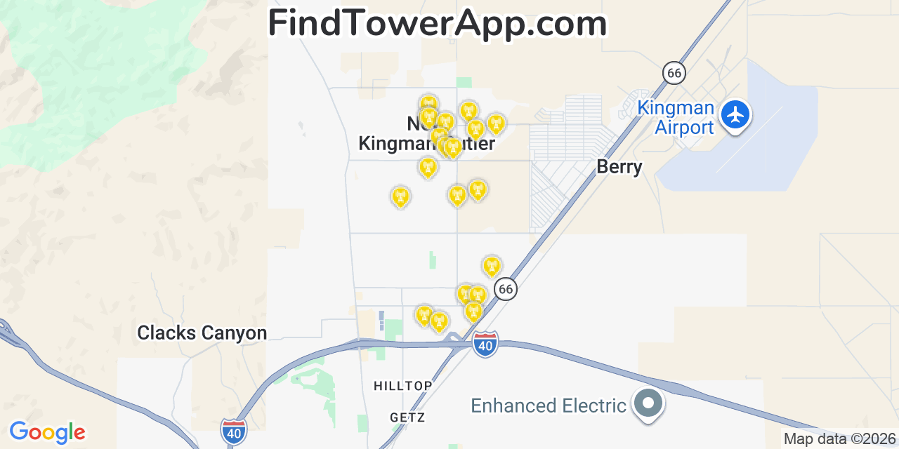 Map showing the 20 primary cell tower locations detected in New Kingman Butler, Arizona from AT&T, Verizon, and T-Mobile networks