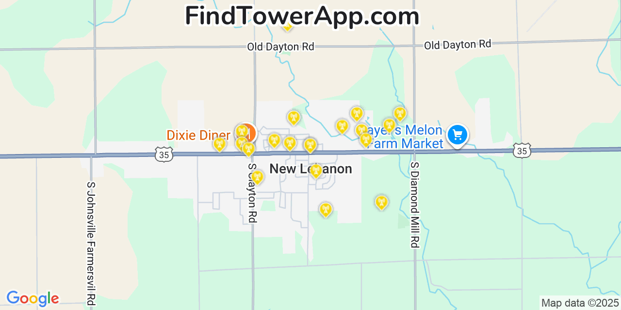 Map showing the 20 primary cell tower locations detected in New Lebanon, Ohio from AT&T, Verizon, and T-Mobile networks