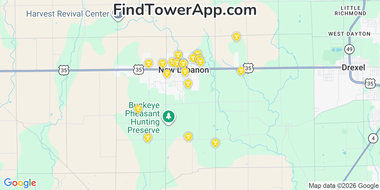 Map showing the 20 primary cell tower locations detected in New Lebanon, Ohio from AT&T, Verizon, and T-Mobile networks