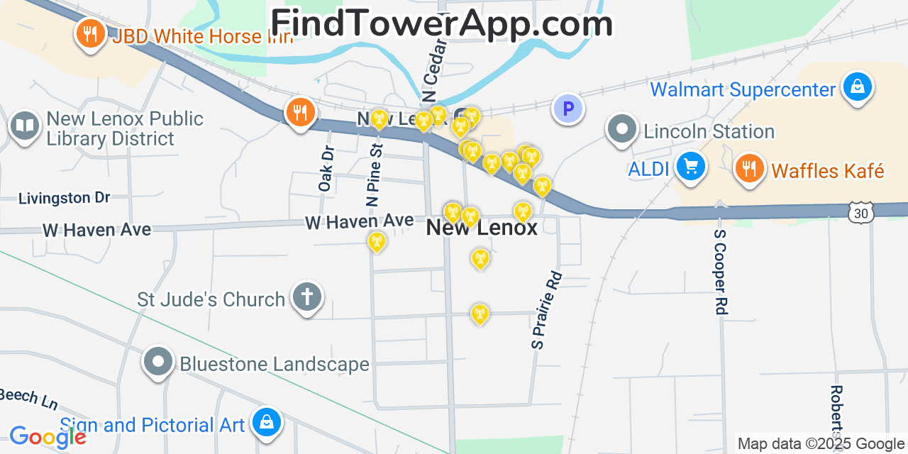 Map showing the 20 primary cell tower locations detected in New Lenox, Illinois from AT&T, Verizon, and T-Mobile networks