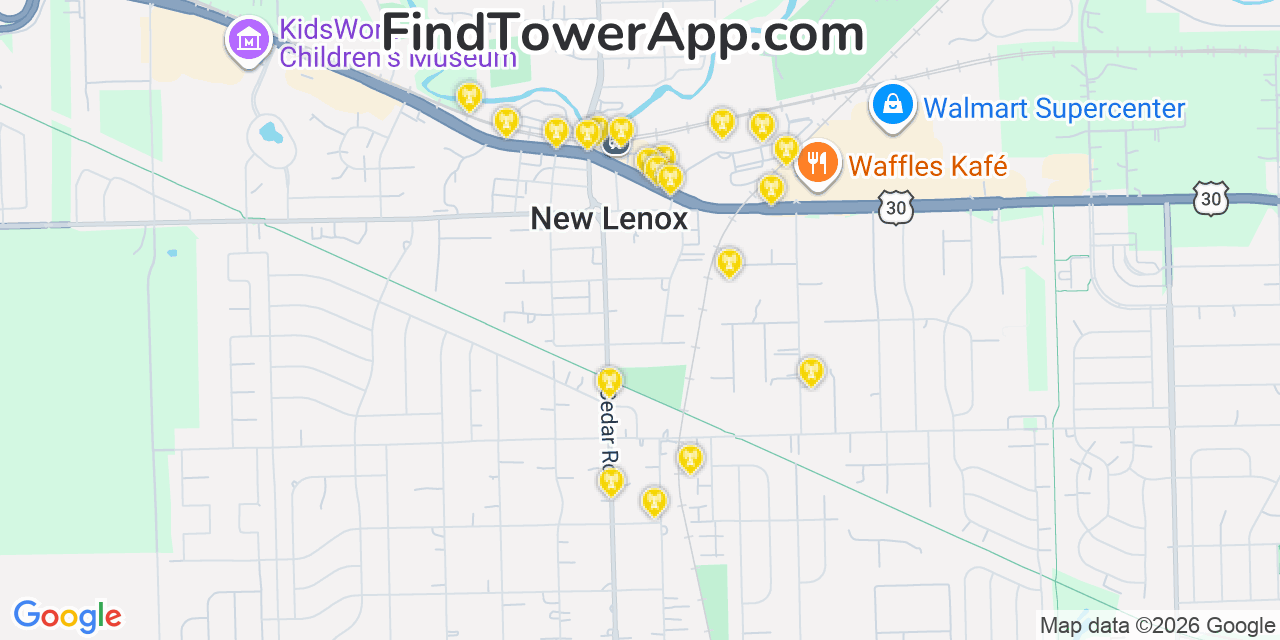 Map showing the 20 primary cell tower locations detected in New Lenox, Illinois from AT&T, Verizon, and T-Mobile networks