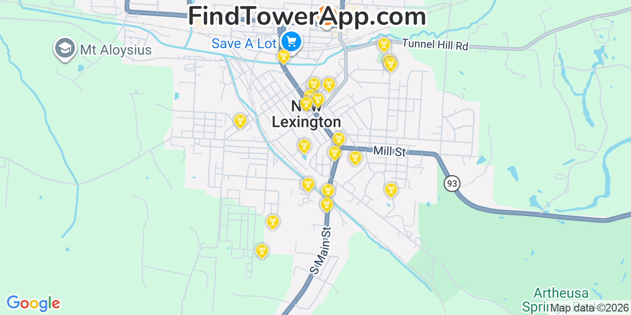 Map showing the 20 primary cell tower locations detected in New Lexington, Ohio from AT&T, Verizon, and T-Mobile networks