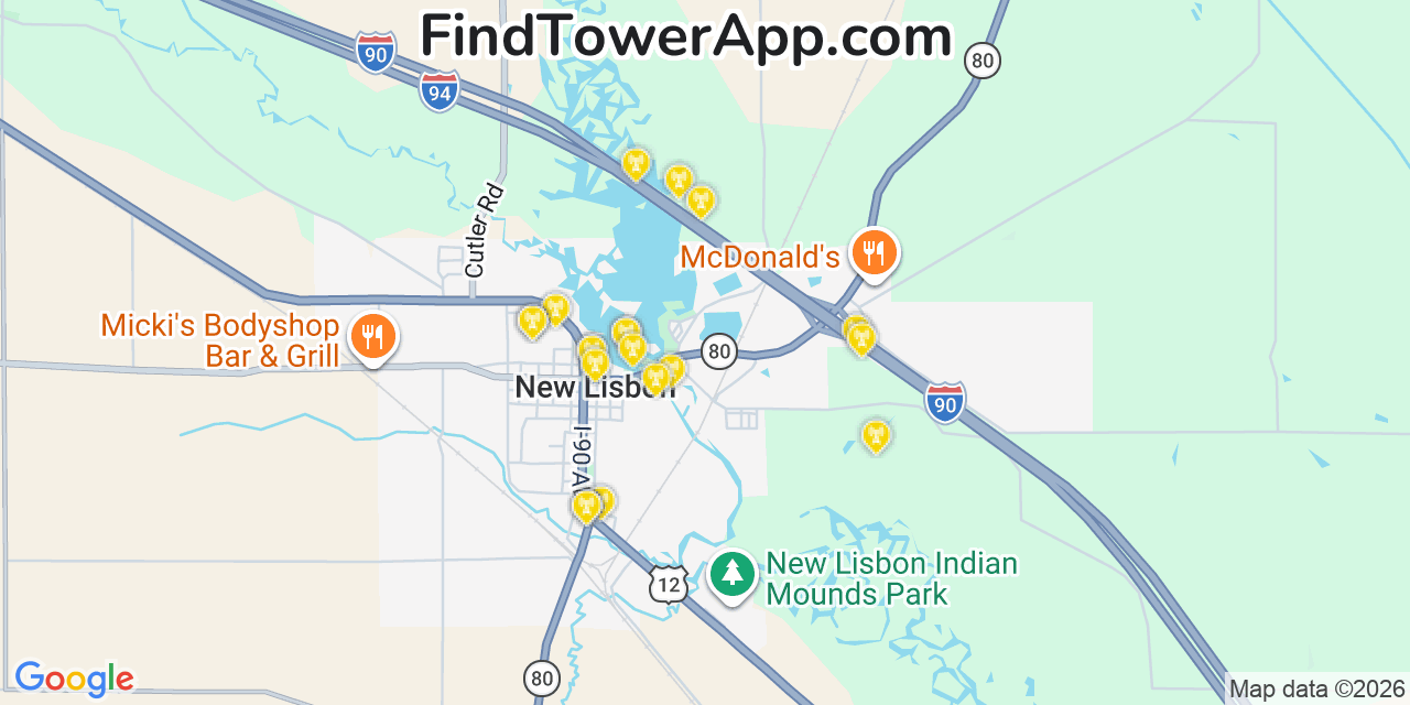 Map showing the 20 primary cell tower locations detected in New Lisbon, Wisconsin from AT&T, Verizon, and T-Mobile networks