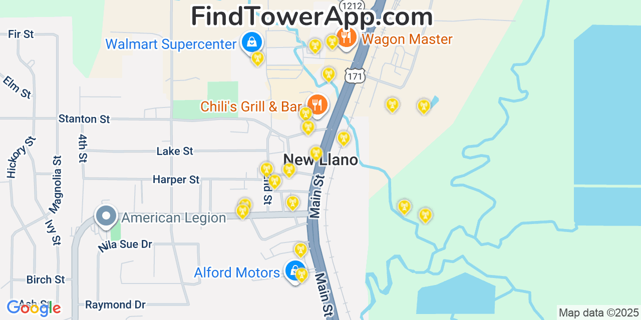 Map showing the 20 primary cell tower locations detected in New Llano, Louisiana from AT&T, Verizon, and T-Mobile networks