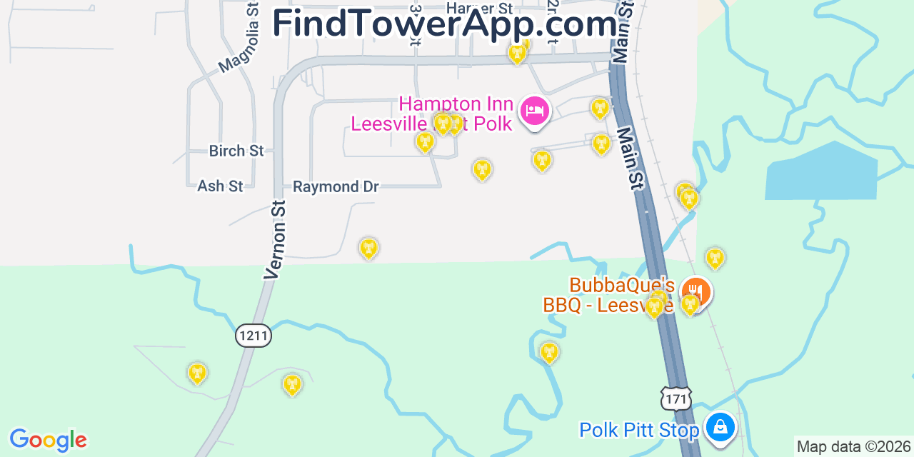 Map showing the 20 primary cell tower locations detected in New Llano, Louisiana from AT&T, Verizon, and T-Mobile networks