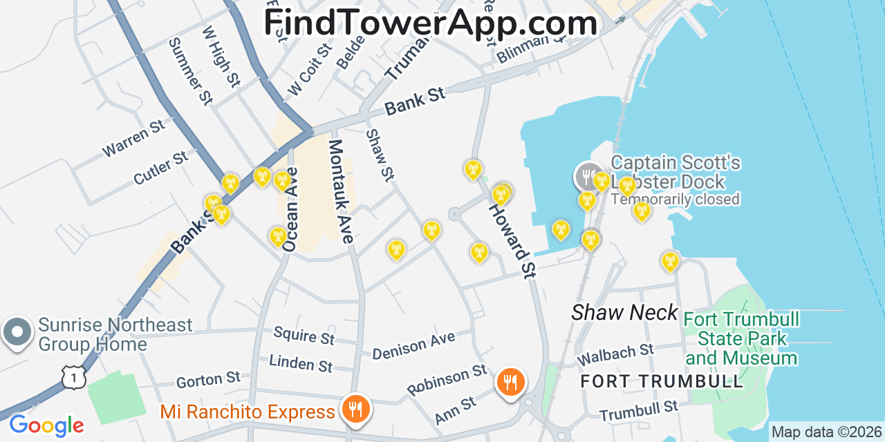 Map showing the 20 primary cell tower locations detected in New London, Connecticut from AT&T, Verizon, and T-Mobile networks