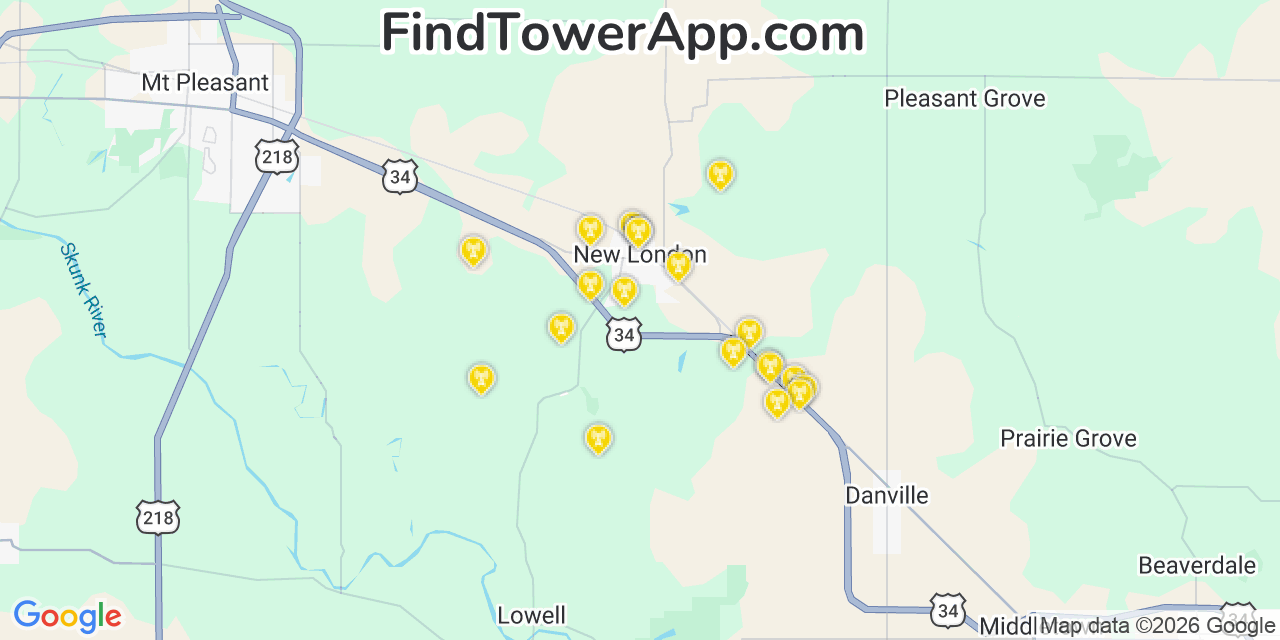 Map showing the 20 primary cell tower locations detected in New London, Iowa from AT&T, Verizon, and T-Mobile networks