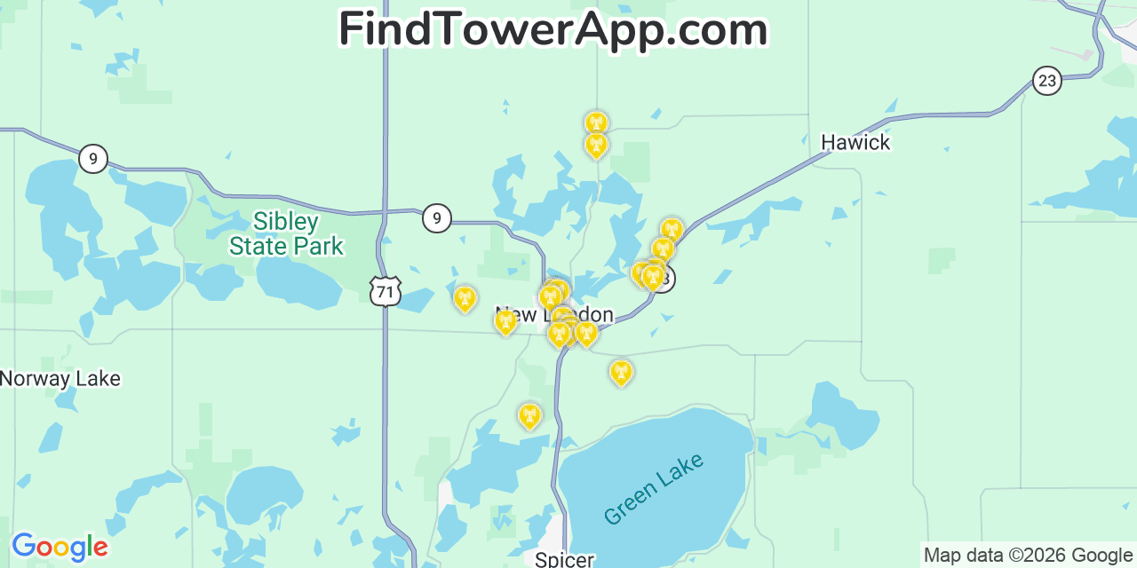 Map showing the 20 primary cell tower locations detected in New London, Minnesota from AT&T, Verizon, and T-Mobile networks
