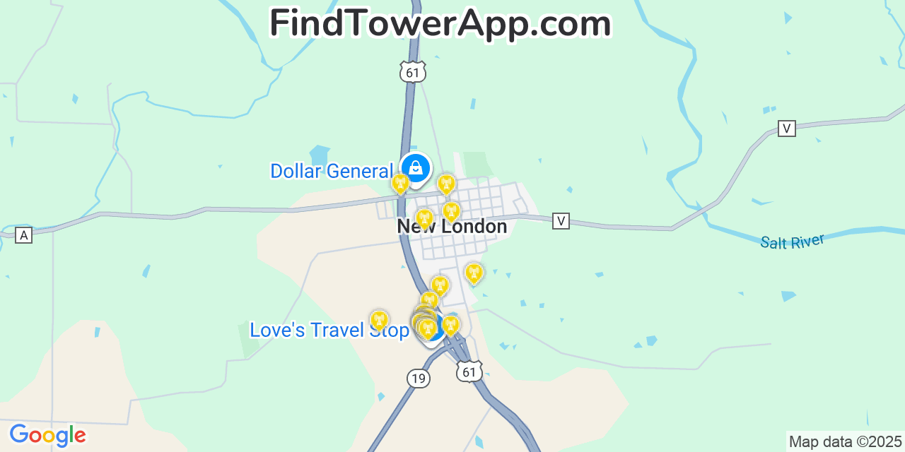 Map showing the 20 primary cell tower locations detected in New London, Missouri from AT&T, Verizon, and T-Mobile networks