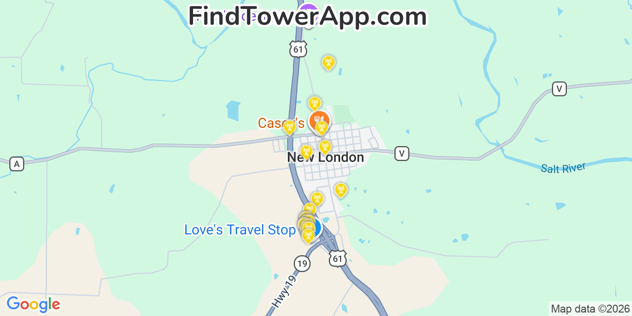 Map showing the 20 primary cell tower locations detected in New London, Missouri from AT&T, Verizon, and T-Mobile networks