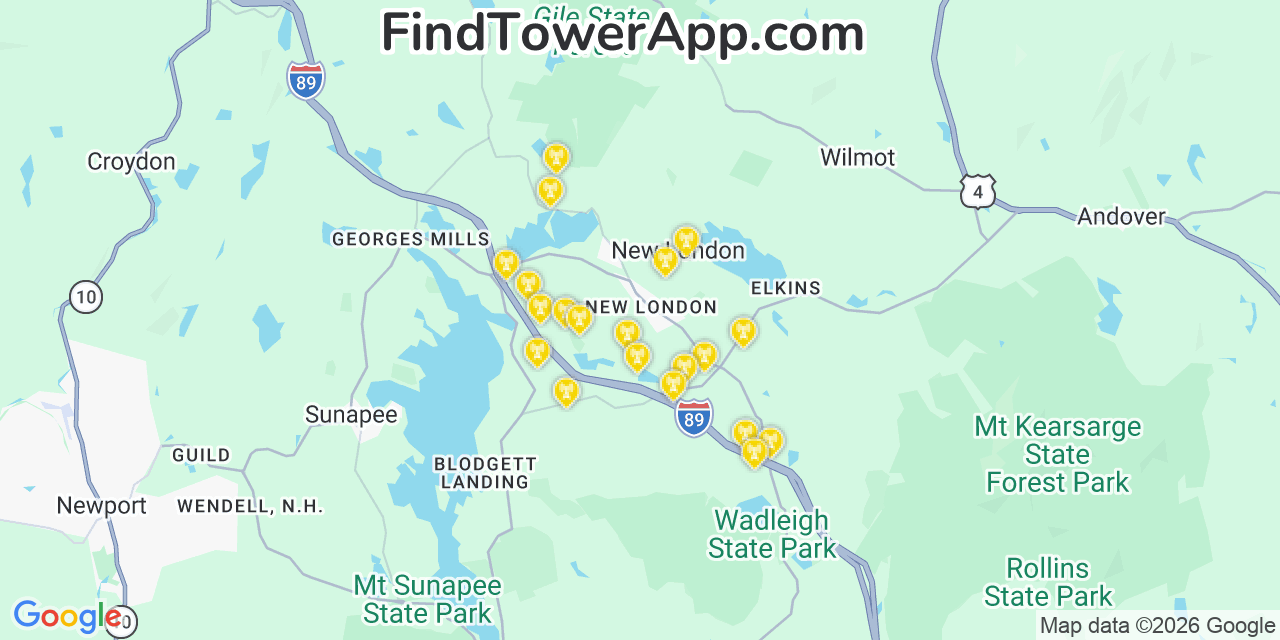 Map showing the 20 primary cell tower locations detected in New London, New Hampshire from AT&T, Verizon, and T-Mobile networks