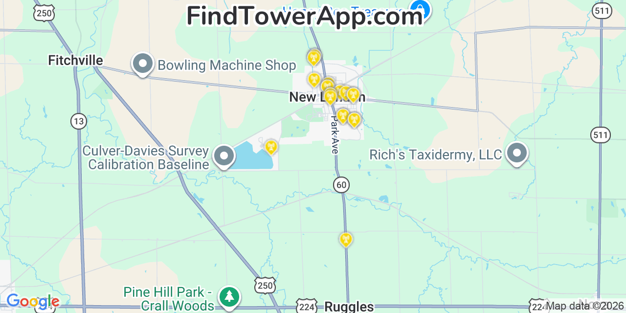 Map showing the 20 primary cell tower locations detected in New London, Ohio from AT&T, Verizon, and T-Mobile networks