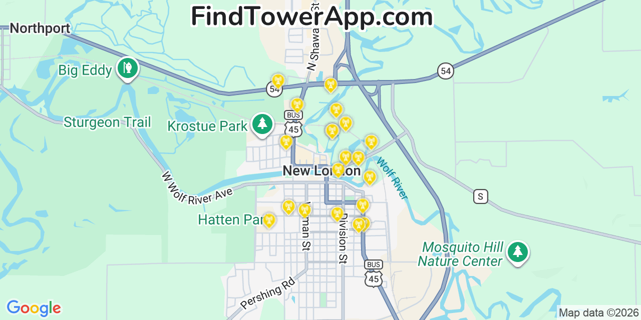 Map showing the 20 primary cell tower locations detected in New London, Wisconsin from AT&T, Verizon, and T-Mobile networks