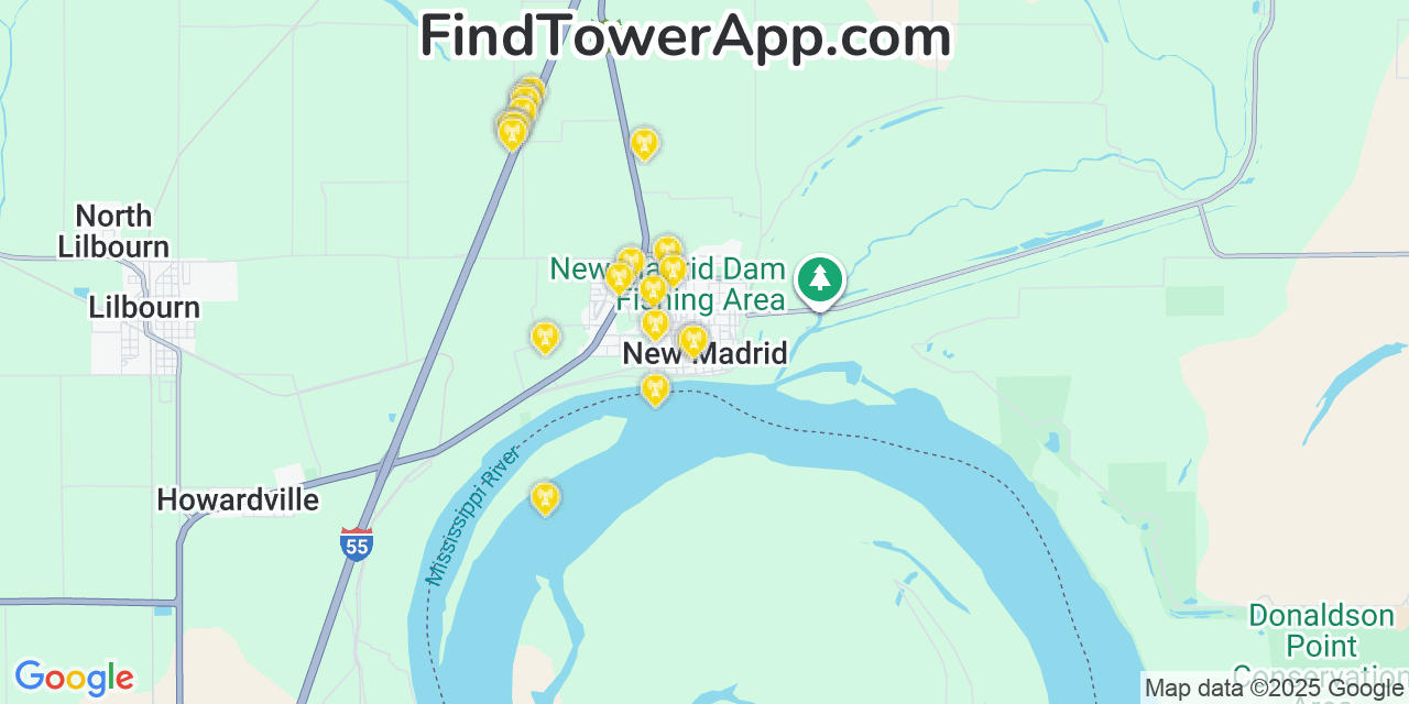 Map showing the 20 primary cell tower locations detected in New Madrid, Missouri from AT&T, Verizon, and T-Mobile networks