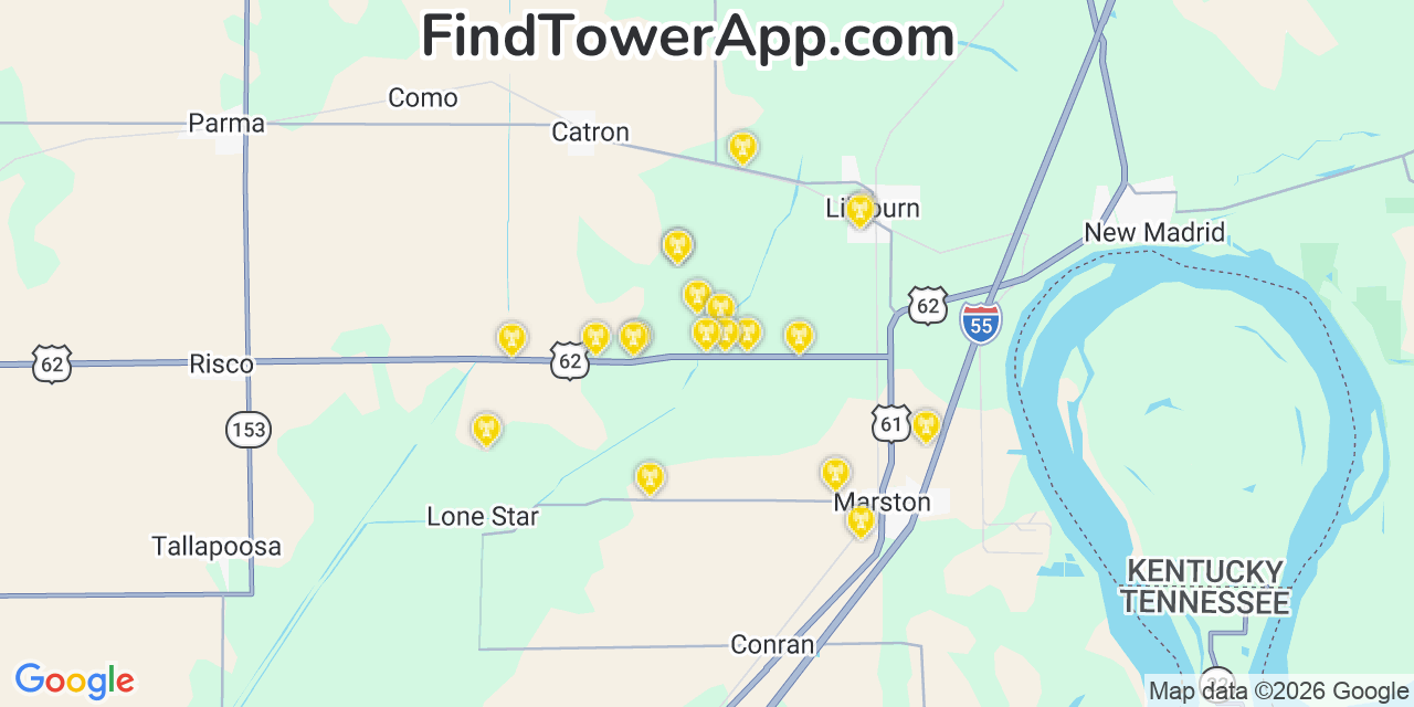 Map showing the 20 primary cell tower locations detected in New Madrid, Missouri from AT&T, Verizon, and T-Mobile networks