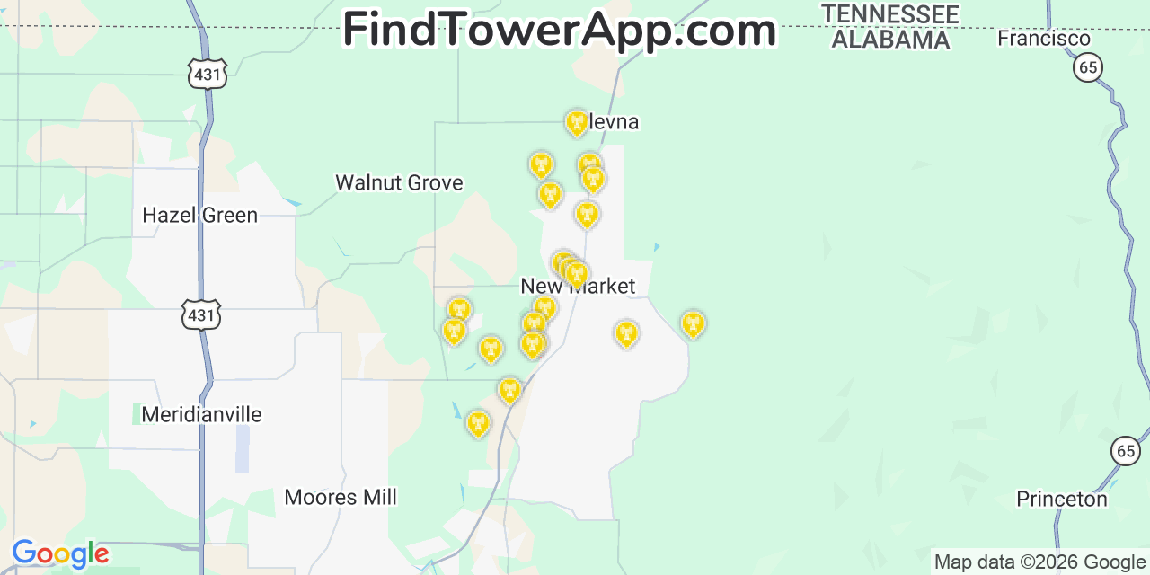 Map showing the 20 primary cell tower locations detected in New Market, Alabama from AT&T, Verizon, and T-Mobile networks