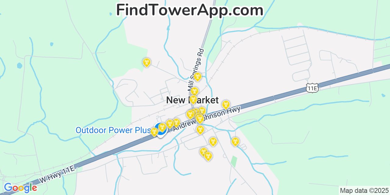 Map showing the 20 primary cell tower locations detected in New Market, Tennessee from AT&T, Verizon, and T-Mobile networks