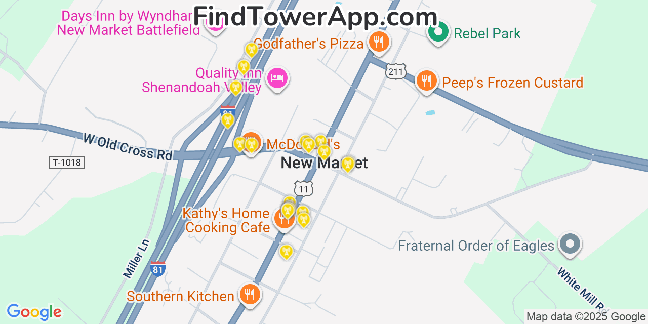 Map showing the 20 primary cell tower locations detected in New Market, Virginia from AT&T, Verizon, and T-Mobile networks