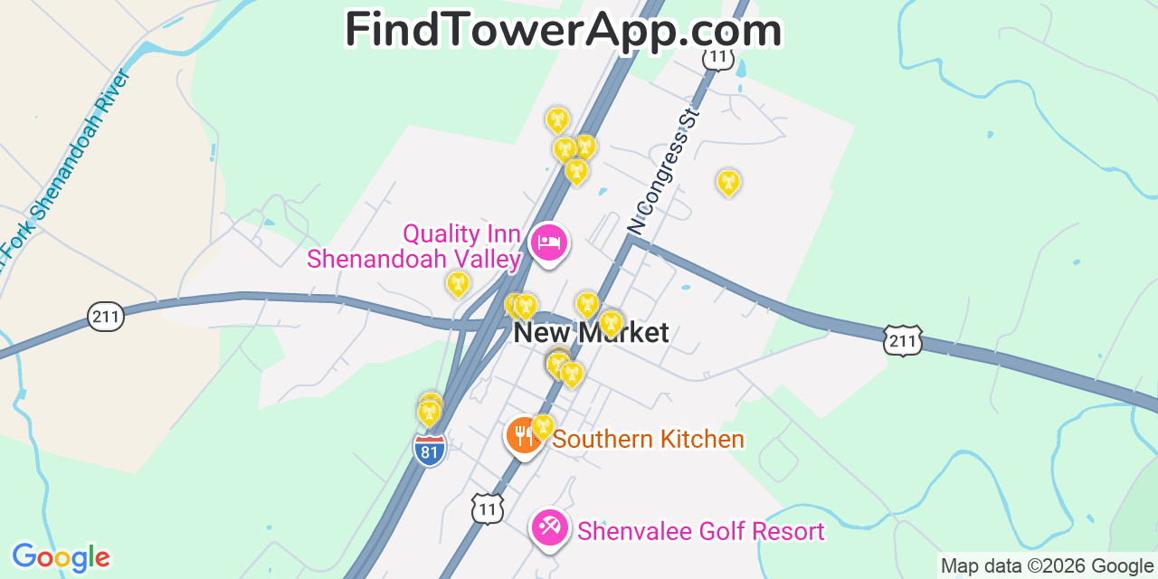 Map showing the 20 primary cell tower locations detected in New Market, Virginia from AT&T, Verizon, and T-Mobile networks