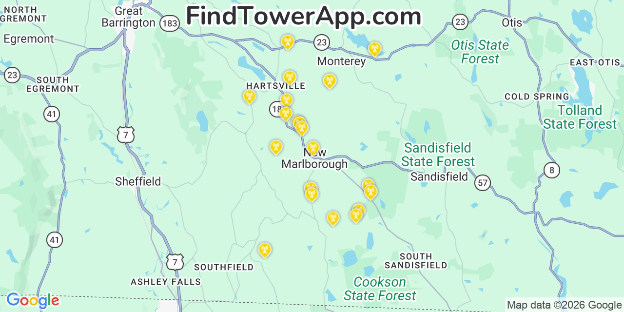 Map showing the 20 primary cell tower locations detected in New Marlborough, Massachusetts from AT&T, Verizon, and T-Mobile networks