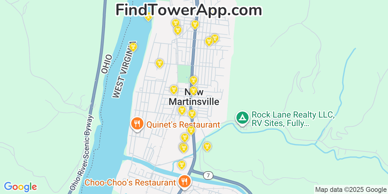 Map showing the 20 primary cell tower locations detected in New Martinsville, West Virginia from AT&T, Verizon, and T-Mobile networks