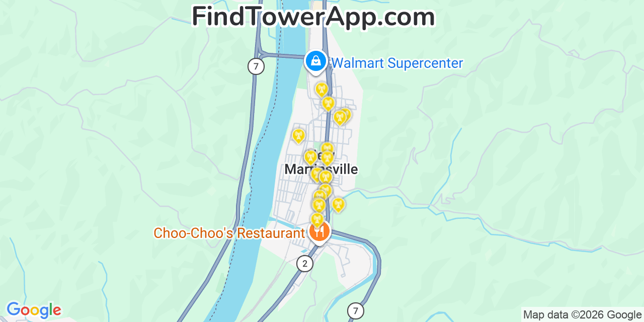 Map showing the 20 primary cell tower locations detected in New Martinsville, West Virginia from AT&T, Verizon, and T-Mobile networks