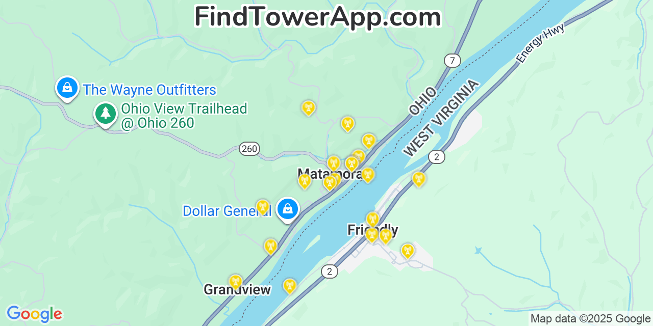 Map showing the 20 primary cell tower locations detected in New Matamoras, Ohio from AT&T, Verizon, and T-Mobile networks