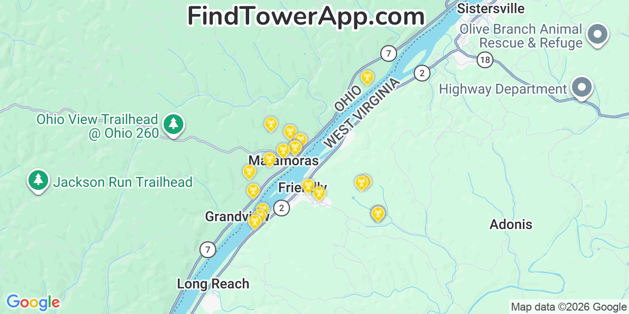 Map showing the 20 primary cell tower locations detected in New Matamoras, Ohio from AT&T, Verizon, and T-Mobile networks