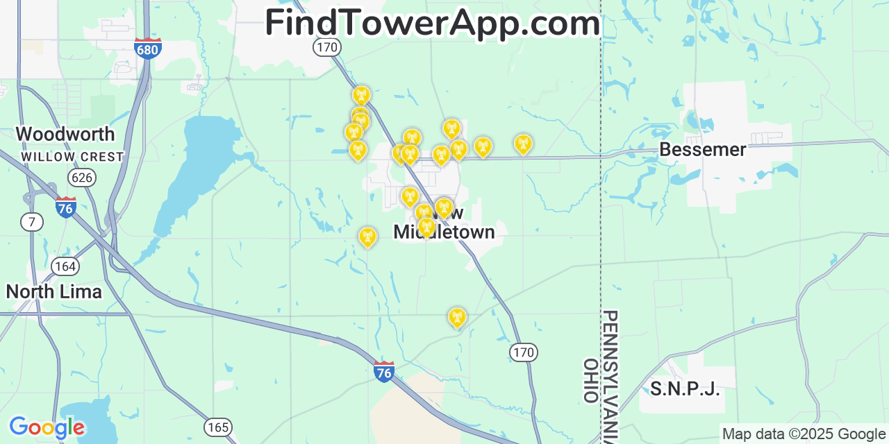 Map showing the 20 primary cell tower locations detected in New Middletown, Ohio from AT&T, Verizon, and T-Mobile networks