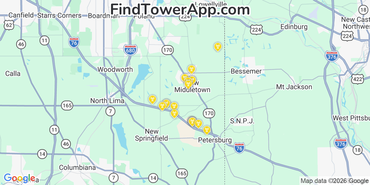 Map showing the 20 primary cell tower locations detected in New Middletown, Ohio from AT&T, Verizon, and T-Mobile networks