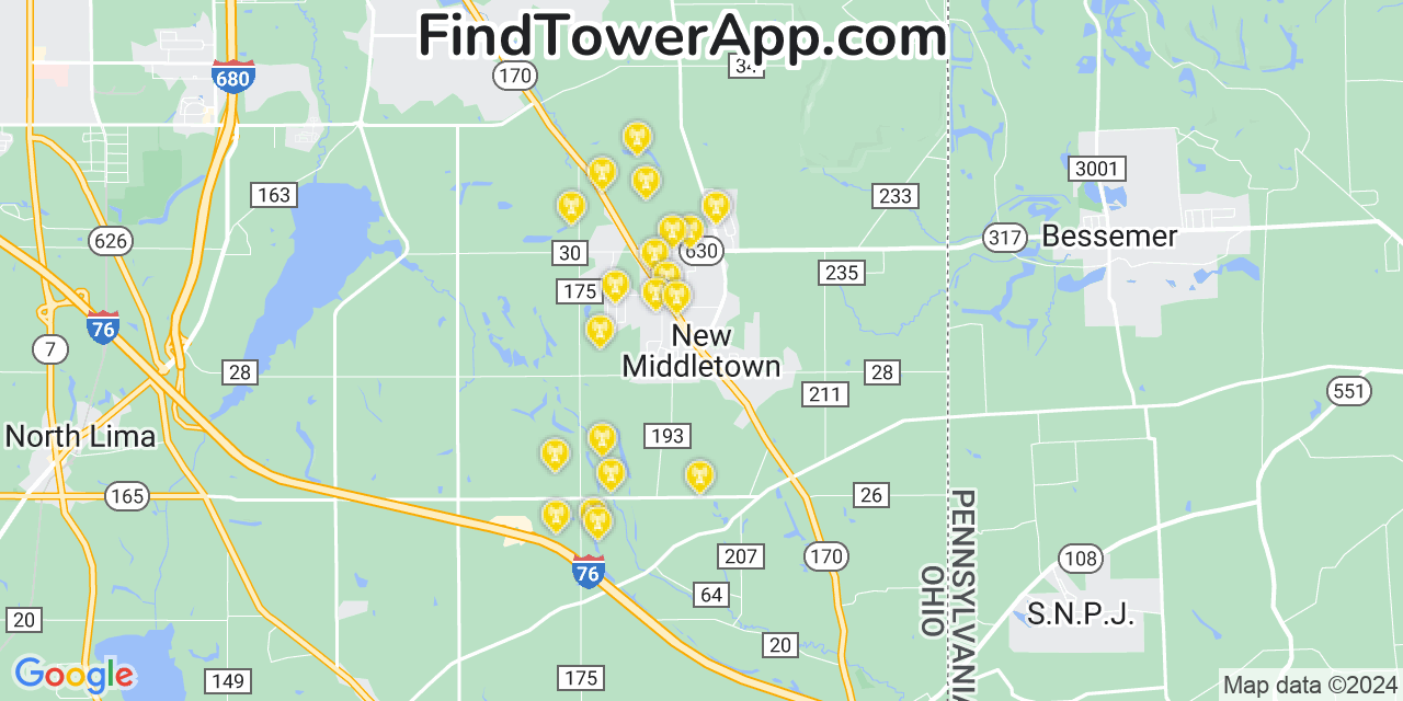 Verizon 4G/5G cell tower coverage map New Middletown, Ohio