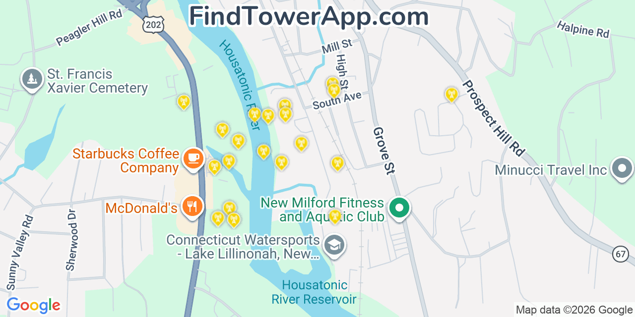 Map showing the 20 primary cell tower locations detected in New Milford, Connecticut from AT&T, Verizon, and T-Mobile networks