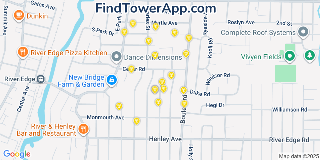 Map showing the 20 primary cell tower locations detected in New Milford, New Jersey from AT&T, Verizon, and T-Mobile networks