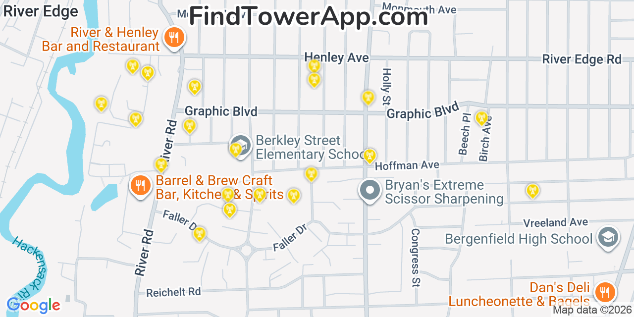 Map showing the 20 primary cell tower locations detected in New Milford, New Jersey from AT&T, Verizon, and T-Mobile networks