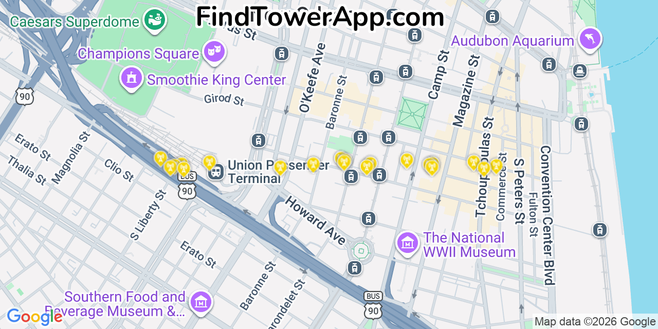 Map showing the 20 primary cell tower locations detected in New Orleans, Louisiana from AT&T, Verizon, and T-Mobile networks