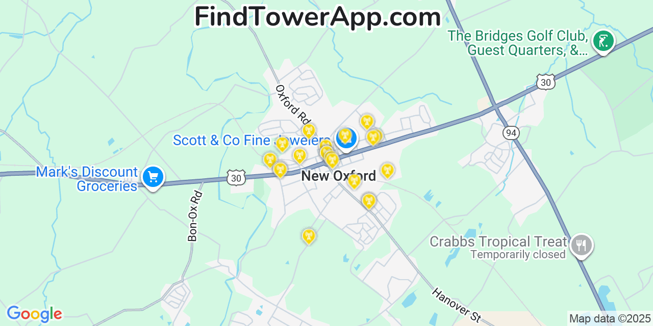 Map showing the 20 primary cell tower locations detected in New Oxford, Pennsylvania from AT&T, Verizon, and T-Mobile networks