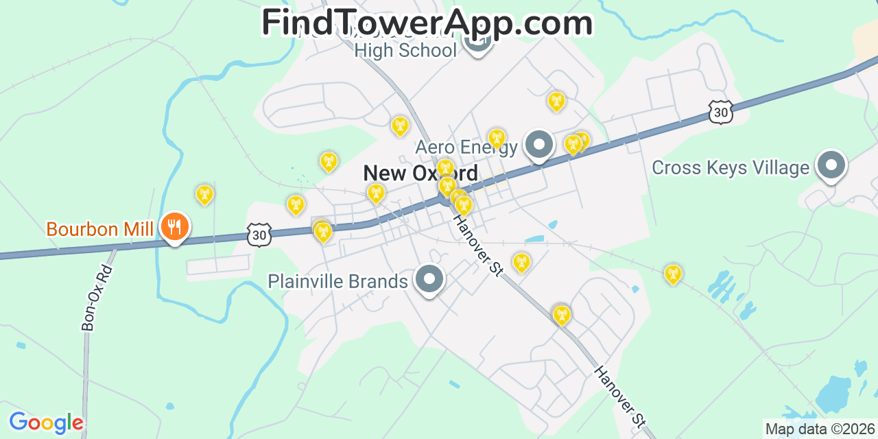 Map showing the 20 primary cell tower locations detected in New Oxford, Pennsylvania from AT&T, Verizon, and T-Mobile networks
