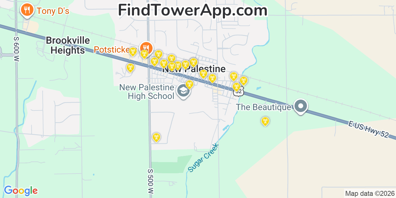 Map showing the 20 primary cell tower locations detected in New Palestine, Indiana from AT&T, Verizon, and T-Mobile networks