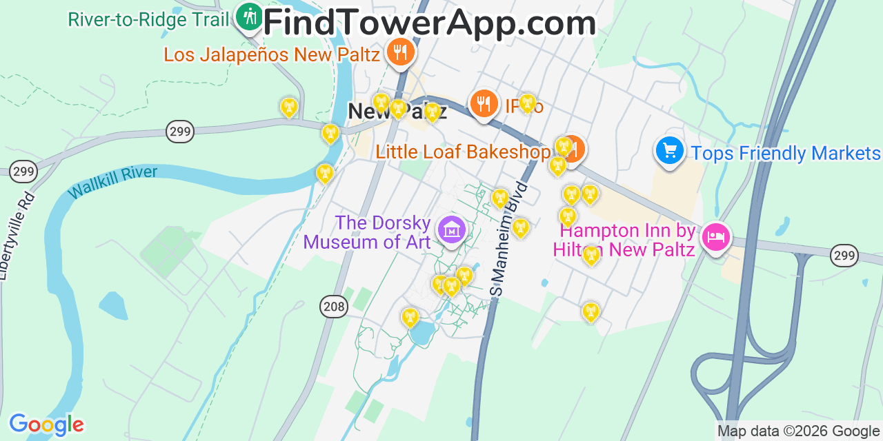 Map showing the 20 primary cell tower locations detected in New Paltz, New York from AT&T, Verizon, and T-Mobile networks