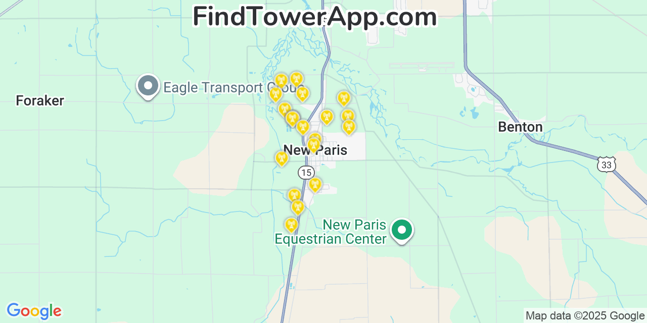 Map showing the 20 primary cell tower locations detected in New Paris, Indiana from AT&T, Verizon, and T-Mobile networks