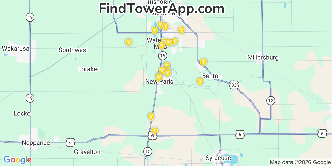 Map showing the 20 primary cell tower locations detected in New Paris, Indiana from AT&T, Verizon, and T-Mobile networks